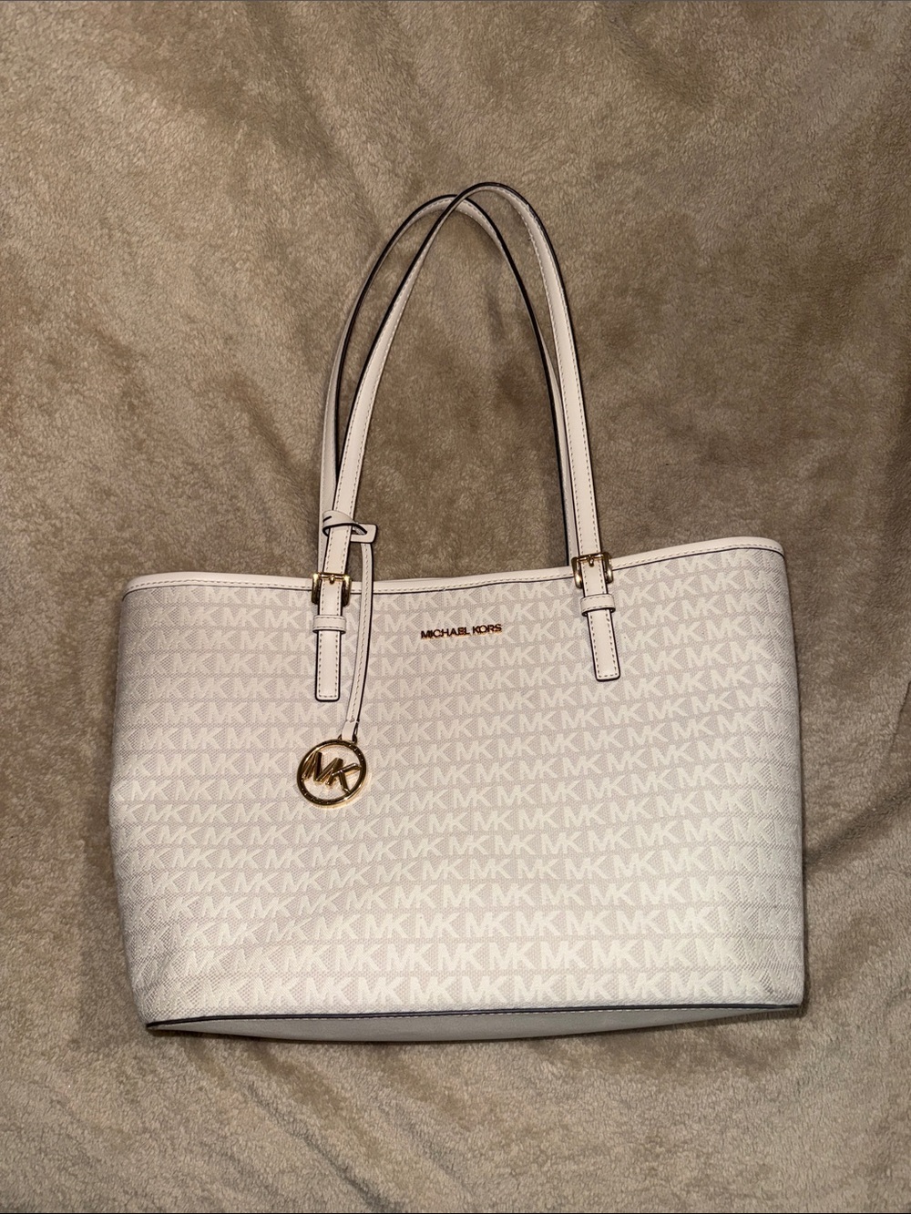 Michael Kors Cream MK Logo Tote with Gold Accents